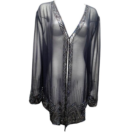 Vintage 2X Sheer Beaded Sequin Jacket Art Deco Evening Cocktail Wrap Dark Blue - Picture 1 of 12